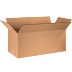 An open MH-USA 28 x 28 x 12 double wall box with flaps extended outward highlights its sturdy rectangular shape and brown hue against a plain background.