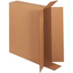 An upright, open MH-USA 30 x 6 x 24 side-loading cardboard box reveals its sturdy corrugated texture, ideal for shipping or storage. Sold in bundles of 10.