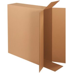 Against a white background, an MH-USA 36 x 8 x 30 side-loading box stands upright with two flaps folded in and two extended outward, highlighting its practical design for efficient packing.