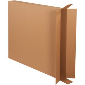 A large, flat brown cardboard box stands upright on a white background, its open side revealing the flaps of an MH-USA 40 x 5 x 45 Side Loading Box from the 10/Bundle pack.
