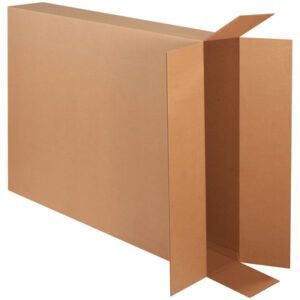 A large MH-USA 40 x 8 x 50 side loading box with flaps extended displays its depth and height from an angle. The empty interior highlights the natural brown cardboard hue, offered in a bundle of five.