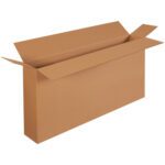 The MH-USA 48 x 8 x 24 side-loading boxes, sold in bundles of ten, are shown with open flaps against a white background, highlighting their large size and depth. The plain brown design underscores their practicality.