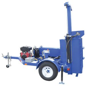 A blue mobile light tower on wheels, featuring an extended arm, tow hitch, stabilizers, and a red/black generator. Ideal for remote lighting with versatile mounted gear; it echoes the efficiency found in Vestil Gas-Powered Hydraulic Drum Crusher.