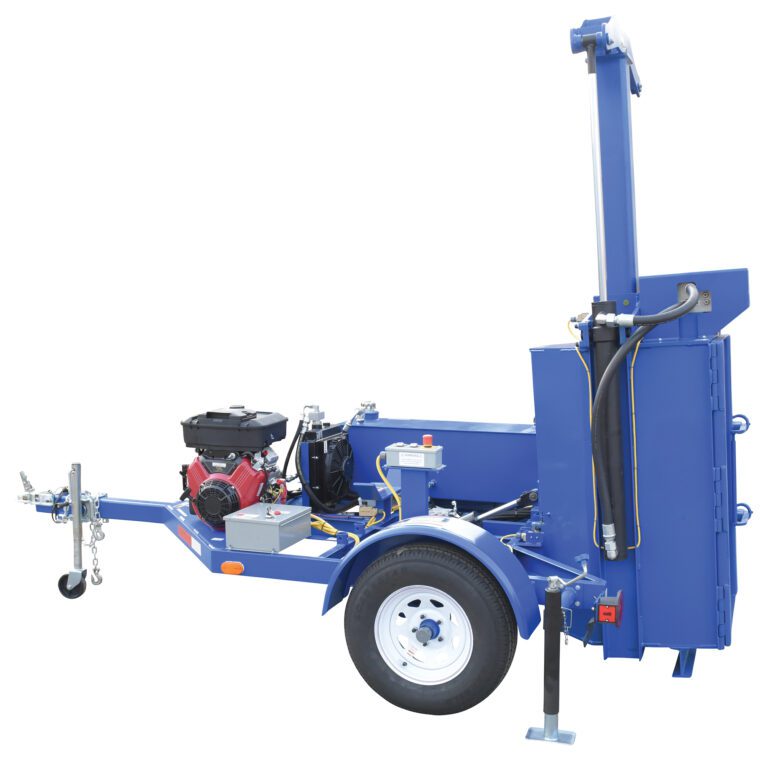 A blue mobile light tower on wheels, featuring an extended arm, tow hitch, stabilizers, and a red/black generator. Ideal for remote lighting with versatile mounted gear; it echoes the efficiency found in Vestil Gas-Powered Hydraulic Drum Crusher.