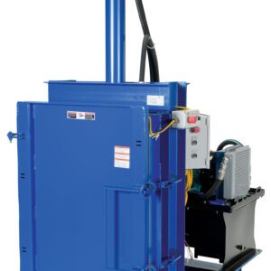 Introducing the blue Vestil Crusher/Compactor 208V High Cycle Pkg, an efficient industrial hydraulic baler with a vertical cylinder and side-mounted control panel for waste recycling. Safety features include warning labels and electrical components.
