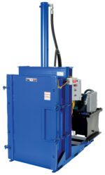 A blue Vestil Crusher/Compactor 230V High Cycle Pkg with a tall vertical cylinder, control panel, and sturdy rectangular frame, designed for efficient material compaction.