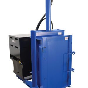 The Vestil Crusher/Compactor 460V High Cycle Pkg, in blue, is an industrial baler with a tall vertical cylinder for efficient compression. It features a securely closed door with latches and a unique black section, perfect for high-volume material processing.