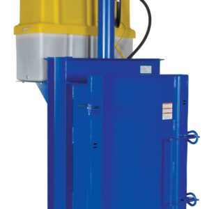 The blue industrial baler, resembling the Vestil Crusher/Compactor 460V, has a yellow and gray top, vertical hydraulic cylinder, rectangular chamber for compressing materials into bales, and various levers and connectors for efficient operation.