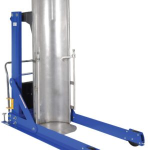 The Vestil Portable Hyd Drum Dumper Ssc 1.5K 36 In is a blue hand truck with a vertical metallic shield, featuring a hydraulic system and wheels for mobility and a foot pedal for convenience, ideal for handling large cylindrical objects.