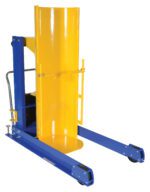 The Vestil Portable Hyd Drum Dumper 1.5K 36 In facilitates the lifting and moving of heavy drums, featuring a sturdy blue frame, yellow cylindrical grip, and four wheels for mobility.