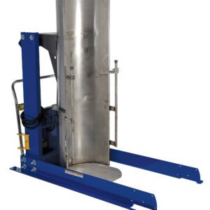 The Vestil Stationary Hyd Drum Dumper SSC 1.5K 36In, with a blue frame, efficiently lifts and tilts drums using reliable clamps and sturdy metal forks. Its designed for optimal stability on a white background.