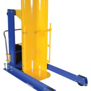 The Vestil Portable Hyddrum Dumper 0.75K 36 In is a blue and yellow forklift attachment with a vertical, semi-circular cradle, wheels for mobility, and metal grips for stability, designed to securely transport and lift barrels or drums.