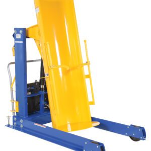 The Vestil Portable Hyd Drum Dumper 1K 48 In is a yellow and blue industrial drum handler with a cylindrical cradle, sturdy wheeled frame, handles, and hydraulic components for easy mobility and operation.