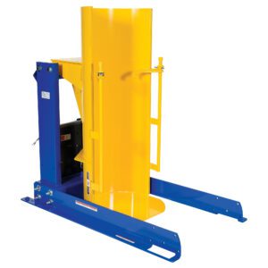 The yellow and blue Vestil Stationary Hyd Drum Dumper 1K 48 In features an upright cylindrical grip and fork-like base, expertly designed for efficient lifting, holding, and transporting large drums in warehouses or factories.