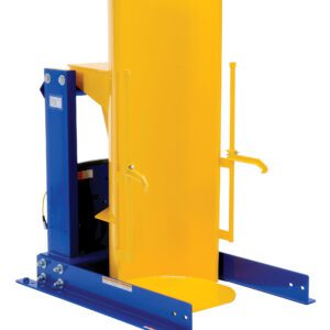 The Vestil Stationary Hyd Drum Dumper 1.5K 48 In is a vertical industrial drum lifter in yellow and blue, featuring adjustable handles and a robust base for stability, perfect for lifting and positioning large barrels in industrial settings.