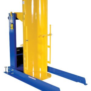 The Vestil Stationary Hyd Drum Dumper 0.75K 48 In is an industrial drum handler featuring a blue base and curved yellow protective shell. It has adjustable arms and a clamp designed to securely hold and lift large drums.