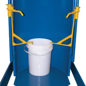 A white bucket with a handle is inside a blue container, similar to the Vestil Hydraulic Drum Dumper Adapter 2 In Dia. Two yellow clamps, each with a 2-inch diameter, secure it to the containers sides above the bucket.
