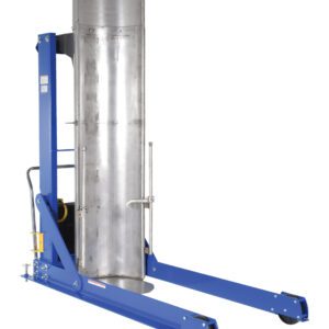 The Vestil Portable Hyd Drum Dumper SSC 1K 60 In features a blue hydraulic lifter with a tall silver drum secured in its clamp. It has two long wheeled arms for mobility and an easy-to-use handle, while the vertical clamp holds the drum securely upright.