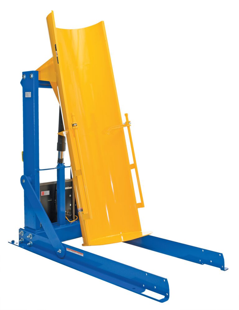 HDD-60-10-S_A.jpg The Vestil Stationary Hyd Drum Dumper 1K 60 In has a blue and yellow hydraulic lift with a large tilted platform, ideal for handling heavy objects or pallets. It features an angled yellow guard and advanced hydraulics for efficient operation.