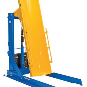 The Vestil Stationary Hyd Drum Dumper 1K 60 In has a blue and yellow hydraulic lift with a large tilted platform, ideal for handling heavy objects or pallets. It features an angled yellow guard and advanced hydraulics for efficient operation.