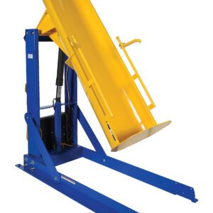 The Vestil Stationary Hyd Drum Dumper 0.75K 60 In is a yellow hydraulic dump hopper with a blue metal frame, tilted to show its loading position. Equipped with safety rails and a handle, its ideal for material handling and waste disposal.