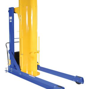 The Vestil Portable Hyd Drum Dumper 1.5K 72 In is a blue and yellow industrial lifter with a tall, curved shield and a wheeled base, designed to efficiently lift heavy objects.