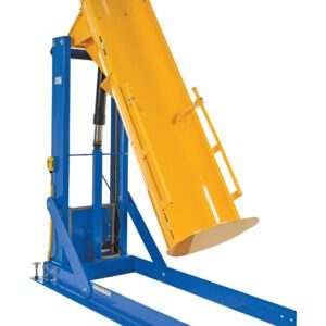 The Vestil Stationary Hyd Drum Dumper 0.75K 72 In is a sturdy yellow and blue hydraulic metal tilting machine with a curved platform to lift and tilt cylindrical objects, featuring support arms and visible bolts for stability.