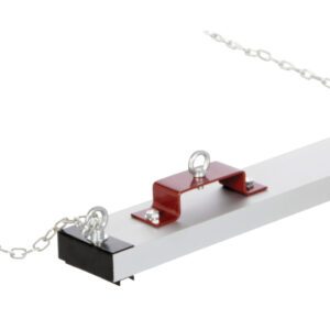 A long, rectangular metal bar with three red brackets and rings on top is attached to chains on both ends, suggesting suspension capability, similar to the Vestil Heavy Duty Magnet Sweeper Forklift 36 In used in warehouse settings.
