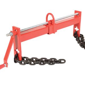 The Vestil Heavy Duty Load Lifter 1.5K Capacity features a red steel beam, metal handle, and black chains for lifting or adjusting. It includes a central loop for secure handling and efficient mechanical use.