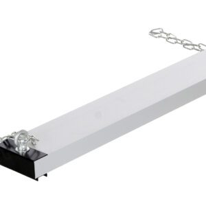 A rectangular, metallic light fixture, with an industrial design similar to that of the Vestil Heavy-Duty Magnetic Hanging Sweeper 36In, rests flat against a white background attached by two chains at each end.