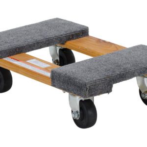 The Vestil Carpet End Hardwood Dolly 0.9Klb 12 X 18 features two padded platforms and four black swivel casters, allowing seamless movement of up to 0.9Klb. The gray carpet-like covering on the wooden platforms provides ease and protection during transport.