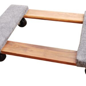 The Vestil Carpet End Hardwood Dolly 0.9Klb 16 x 24 has four black wheels, two gray-carpeted platforms, and a light brown wood design, combining durability with functionality for gentle transport.