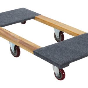 The Vestil Carpet End Hardwood Dolly 1.2Klb 24 X 48 features a rectangular wooden design with four red swivel wheels and two padded grey sections, perfect for carrying heavy items up to 1,200 lbs and measuring 24 x 48 inches for easy transport of bulky objects.