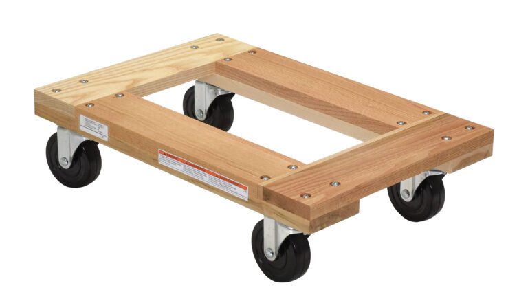 The Vestil Hardwood Dolly Open Deck 1.2K Lb 16 X 24 has a rectangular wooden frame, four swiveling black caster wheels, and metal corner brackets, perfect for moving items up to 1.2K pounds with ease.