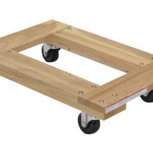 The Vestil Hardwood Dolly Open Deck 0.9K Lb 16 X 24 is designed for effortless movement of heavy objects, featuring a durable wood frame with metal-reinforced corners and four black swivel caster wheels, all in a compact 16 x 24 size.