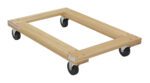 The Vestil Hardwood Dolly Open Deck 1.2K Lb 24 X 36, made of light-colored wood, has a rectangular frame (24 x 36 inches) and four black swivel wheels, enabling smooth movement of heavy items with its robust capacity.