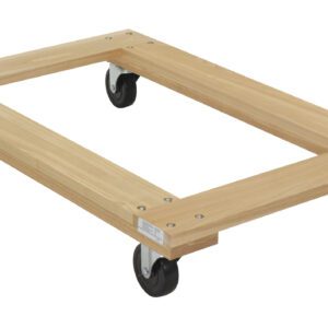 The Vestil Hardwood Dolly Open Deck 1.2K Lb 24 x 36 offers a robust solution with four black swivel caster wheels and metal-reinforced corners. Its light finish highlights the wood grain, making it perfect for effortlessly moving heavy objects.