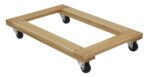 The Vestil Hardwood Dolly Open Deck 0.9K Lb 24 X 36 has a sturdy rectangular frame, open deck design, and four black swivel caster wheels. It supports up to 900 lbs and is perfect for moving heavy items with dimensions of 24 x 36 inches.