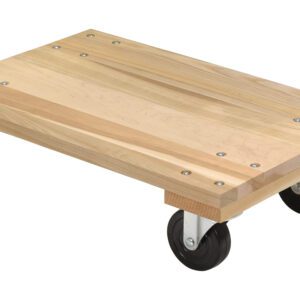 The Vestil Hardwood Dolly Solid Deck 1.2K Lb 16X24 features a light-colored wood deck showcasing natural grain, four black caster wheels, and metal screw reinforcement, supporting up to 1.2K lbs. Its perfect for transporting heavy loads with its 16x24 inch dimensions.