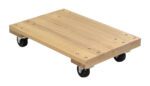 The Vestil Hardwood Dolly-Solid Deck 0.9K Lb 16X24 is a wooden dolly with a flat, rectangular surface measuring 16x24 inches. It features four black caster wheels and can support up to 0.9K lbs, boasting parallel wooden planks secured by metal screws for enhanced durability.