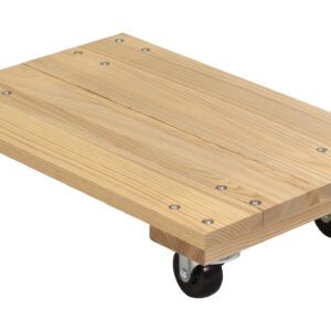 The Vestil Hardwood Dolly-Solid Deck 0.9K Lb 16X24 has a flat rectangular platform and four black swivel caster wheels, ideal for easily moving heavy items.