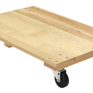 The Vestil Hardwood Dolly-Solid Deck 1.2K Lb 24X36 has a flat platform and four black swivel casters, ideal for heavy lifting. Its visible wood grain and metal screws ensure durability and robustness.