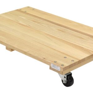 The Vestil Hardwood Dolly-Solid Deck 0.9K Lb 24X36 features a flat, light-colored wooden design with four black swivel caster wheels, ideal for easily transporting heavy items up to 900 pounds.