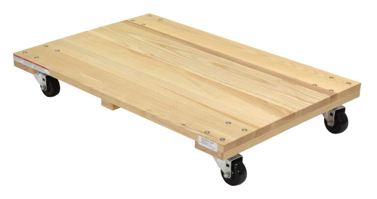 The Vestil Hardwood Dolly-Solid Deck 0.9K Lb 24X36 has a smooth, light wood finish with a flat surface and four sturdy casters, ideal for moving heavy items up to 0.9K lbs across its 24x36 platform.