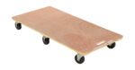 The Vestil Hardwood Dolly-Solid Deck 1.2K Lb 24X48 includes a flat wooden surface, four black swivel caster wheels, and a rectangular shape with a cut-out handle for easy lifting and maneuvering.