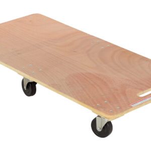 The Vestil Hardwood Dolly-Solid Deck 1.2K Lb 24X48 includes a flat wooden surface, four black swivel caster wheels, and a rectangular shape with a cut-out handle for easy lifting and maneuvering.