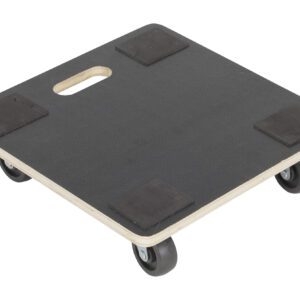 The Vestil Hardwood Dolly-Square Deck 400K Lb 16X16 has a 400K lb load capacity and measures 16x16 inches. It includes four black wheels, a non-slip surface, handle cutout, and corner rubber pads for safe handling—perfect for effortlessly moving heavy items.