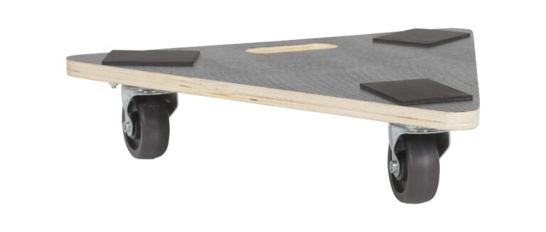 The Vestil Hardwood Dolly-Triangle Deck 300K Lb 16.5X18.5 features a textured wooden board, rubber corner pads, three swivel caster wheels for easy movement, and a center cut-out handle for effortless maneuverability.
