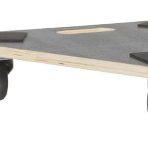The Vestil Hardwood Dolly-Triangle Deck 300K Lb 16.5X18.5 features a textured wooden board, rubber corner pads, three swivel caster wheels for easy movement, and a center cut-out handle for effortless maneuverability.