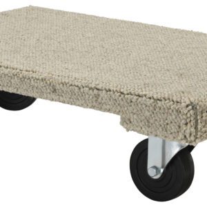 The Vestil Carpeted Hardwood Dolly 1.2K Lb 16 X 24 has a beige carpeted surface and four black swivel wheels, supports up to 1,200 lbs, and measures 16 x 24 inches, making it ideal for any moving task.